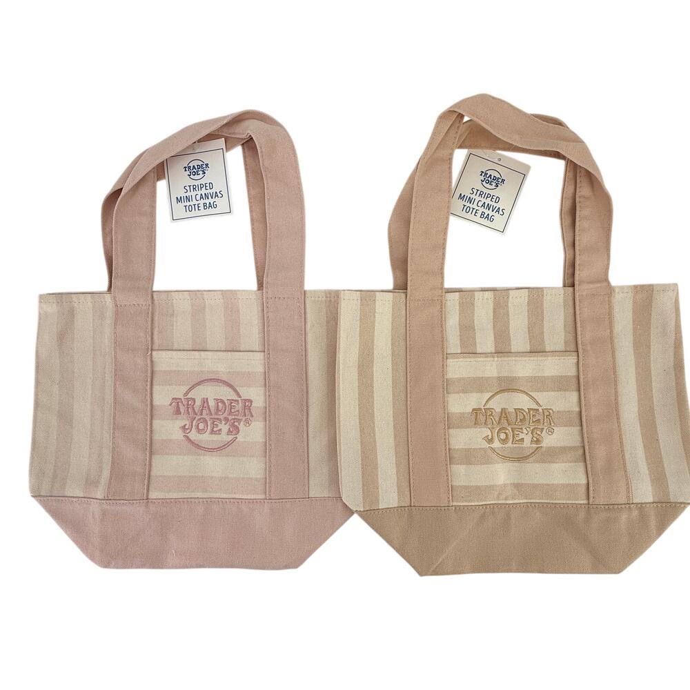 Trader Joe's Mini Canvas Tote Bags Pink Tan Striped Set of 2 New